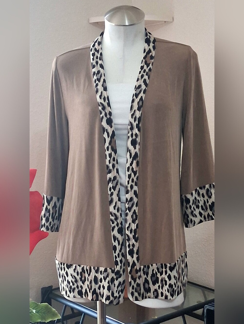 Women's Open Front Cardigan w/ Leopard-Print Trim
